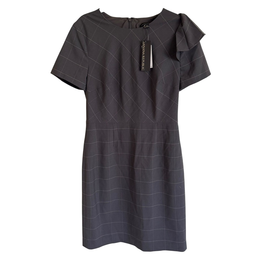 NWT Banana Republic size 6 Grey Windowpane Plaid Wool Ruffle Sheath Dress 580884
